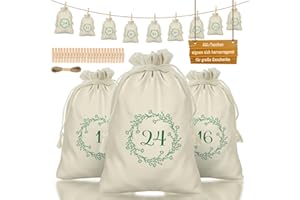 Ruibinlee Premium XXL Adventskalender zum Befüllen,24 Beige Stoffsäckchen Adventskalender in 2 verschiedenen Größen Adventssäckchen, Inklusive Holzklammern und Kordel für Weihnachten