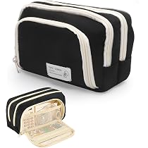 Astuccio Grande 3 Scomparti Nero - Tela E PVC Trasparente - Organizer Scuola, Università, Ufficio - Capienza 50+ Penne - 3