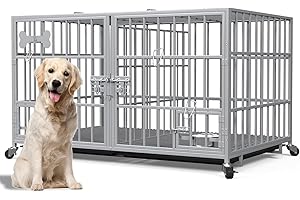 HUHOTE Hundekäfig, Hundebox mit Bodenschale, Hundekäfig mit Trennwand, Hundegitterbox mit 2 Türen und Tablett, 2 in 1 Doppelbox Hundegitterbox für Große und mittlere Hunde, 120 x 73 x 68 cm, Silbrig