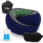 Magime Memory Foam Travel Pillow Ergonomic 360&deg; &ndash; Neck Support for Airplane, Train or Office &ndash; Includes Travel Bag, Mask and