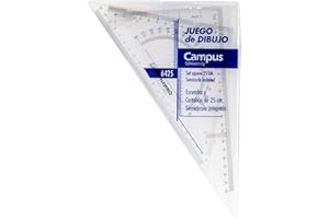 Campus University - Set Técnico, Escuadra y Cartabón, Semicírculo integrado para la Escuela, Oficina, perfecta para Niños y Adultos, Color Transparente - 25 cm