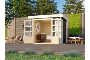 Karibu Gartenhaus Kerko 3 | Gerätehaus mit 19 mm Wandstärke | Doppeltür mit Lichtausschnitten + Fenster | Schuppen mit 5,26 m² Grundfläche | Steck-/Schraubsystem | Terragrau | 242 x 217 x 211 cm