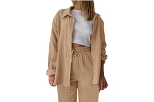 HANRAZ Musselin Bluse Damen，Revers Bluse + Plissee Hose Langarm Freizeitanzug Leicht mit Gummibund Sommer-Herbst Outfit Set Hosenanzug Elegant Locker mit geknöpfte Down Musselinbluse Loungewear