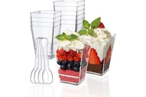 PALUDO 150ml Mini Dessert Cups with Spoons, 50 Pack Reusable Clear Square Plastic Dessert Cups, Cheesecake Pots, Multi-use Serving Dessert Bowls for Mousse Puddings Desserts Party Supplies
