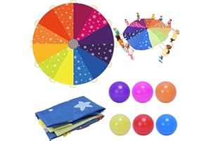DKINY Regenbogen Schwungtuch Kinder 2.4m Bunt Fallschirm mit 12 Bällen und 12 Griffe Parachutes Spielzeug Fallschirmspiel Kooperative Bewegungsspiel Sportspiel Outdoor Gruppenspiel für Garten Schulen