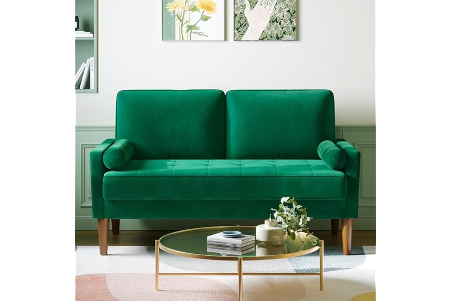 Vesgantti Small 2 Seater Sofa Green, Comfy Couch with Spring Cushion, Velvet Sofa with Wood Legs, Modern Love Seat Sofa 2 Seater for Living Room, Small Couch for Bedroom, Green Office Couch