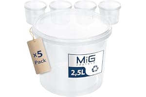 MIG Transparent Hink med Lock 2,5 l - 5 x 2,5 l Lufttät och Livsmedelssäker Plasthink - Stapelbar för Hushåll och Industri