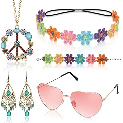 Hippie Set 3-teilig - Mit Blumen-Stirnband, Peace-Zeichen-Kette & Runder Nickel-Sonnenbrille (blau)