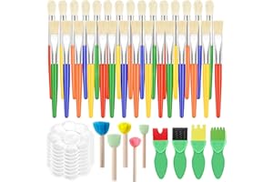 KIKAWORD 47PCS Kids Paint Brushes Set,Colorful Childrens Painting Brushes,Toddler Large Paint Brushes set with 8 palettes, 5 candy-colored mushroom sticks, and 4 green fish brushes for Beginners.