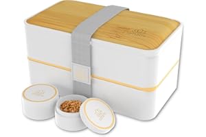 Umami Bento Lunch Box, Couverts en Bois & 2 Pots à Sauce Inclus, Boîte à Lunch Étanche, Lunchbox Adulte, Micro-Ondable, Boîte Repas Compartimentée, Blanc Neige et Marron, 1200 ml
