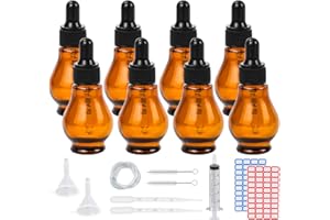 Episkey 8Stk Pipettenflasche Glasflasche 20ml, Apothekerglas Tropfflasche Birnenform Bernsteinglas Set mit schwarzer Pipettenkappe&Hilfszubehör für Ätherische Öle Parfüm Lösungen DIY (Amber 20ml)