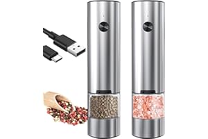 Braoses Molinillo eléctrico de sal y pimienta, molinillo de pimienta, molinillo de especias, recargable por USB, molinillo de sal con luz LED, mecanismo de cerámica de color negro