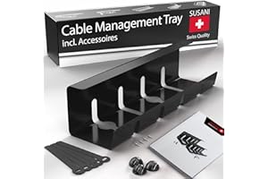 SUSANI Kabelkanal Schreibtisch – Kabelkanal schwarz [1er Set] Extra lang – 42x11x12 [cm] – Kabelmanagement Schreibtisch für Organisation und Ordnung am Arbeitsplatz – Inkl. Zubehör