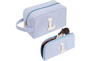 WALLFID Large Makeup Bag,Travel Makeup Bag,Cute Initials Blue Corduroy Cosmetic Bag,Gift for Woman,Girlfriend,Best Friend,Mom,Daughter with Small Cosmetic Bag (L)