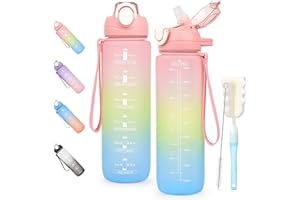 CODICILE Motivational Water Bottle with Straw, 1L Sports Water Bottle Leakproof, Drinks Bottle with Time Markings, BPA Free for Running, Cycling, Gym, Hiking, School & Office, Pink 1000ml