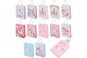 Flintronic 12 szt. papierowych toreb, torebki na prezenty z jednorożcem dla dzieci, torby papierowe na cukierki z uchwytem na Halloween, Boże Narodzenie, artykuły na przyjęcie urodzinowe, 21 x 15 x 8