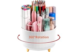 DEYAAH Pencil Pen Holder for Desk, 5 Slots 360°Degree Rotating Pencil Pen Organizers for Desk, Desktop Storage Stationery Supplies Organizer, Cute Pencil Cup Pot for Office, School, Home, Art Supply (White)