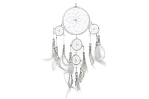 ‎PINK PINEAPPLE Pink Pineapple Dreamcatcher mit Federn und Silber Perlen: Handgemachter Traumfänger Vielen Farben Erhältlich - Kleine Traumfanger Mit 12 cm Durchmesser und 35 cm Lang (Weiß)