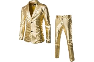 GENERISCH Herren 2-Teiliger Glänzender Anzug Night Club Metallic Moto Style Blazer Anzüge 2 Knopf Smoking Party Disco Jacken Und Hose Set (L,Golden)
