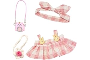 Xerteam Doll Clothes for 17cm Dolls, 3 Pcs Pink Plaid Suspender Skirt with Flower Bag, Plush Doll Clothes & Accessories Cute Sweet Outfit for Girls Boys Gift (No Doll)