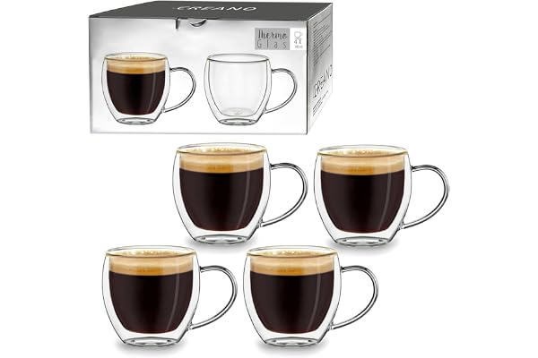 Creano Verre Double Paroi Espresso avec Anse 100 ml – Modèle Haut Isolant en Verre Borosilicate pour Boissons Chaudes et Froides – lot de 4 verres