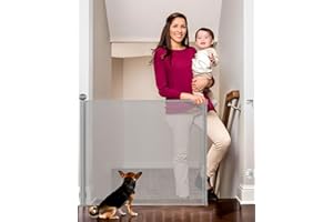 MOXTOYU Retractable Stair Gate for Baby and Pets, 180cm Extra Wide Safety Gate, 89cm Tall Baby Gate, One Handed Silent Operation Stair Gate for Dogs, Stairs, Outdoor, Doorways, Hallways, Indoor -Grey