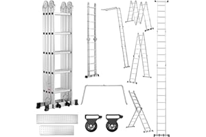TEENO Escalera Multiusos 7 en 1, 4x5 Escalones 5.8 M de Aluminio, Escalera multifunción con 2 Plataformas y 2 Ruedas Rimovibili, 20 Peldaños, Carga Máxima de 150 kg, para Pintar, Techos, Jardín