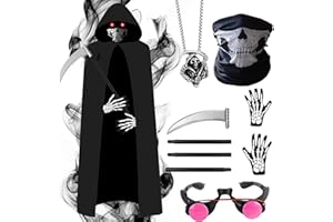 MARYPARTY Disfraz de Parca para Niños Halloween Disfraz la muerte Capa con Capucha Máscara de Calavera Guantes Guadaña, Disfrace de Fantasma para Halloween Fiesta Carnival