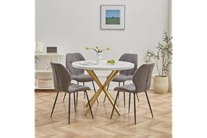 DEYARNA HOME Essgruppe 5-Teilig, 100cm Runder Esstisch und 4 Leinen-Esszimmerstühle, Esstisch und Stühle für 4 Personen, 4 Stühle & Tisch für Küche, Esszimmer und Wohnzimmer (Weiß/Gold+Grau)