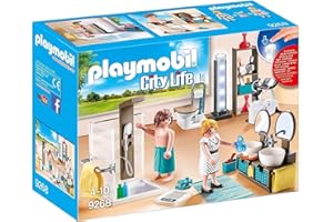 Playmobil 9268 Salle de Bain avec Douche à l'italienne - City Life - avec Deux Personnages, Une Douche, Un WC et Deux lavabos et Un vélo d'intérieur - pour aménager La Maison Moderne - Dès 4 Ans