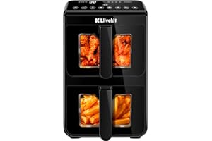 LLIVEKIT 10L Friteuse sans Huile Double Compartiment, Air Fryer XXL 9-en-1 avec 2 Paniers Verticaux et Fenêtre de Visualisation, Économie 90% d'Huile, SMART FINISH & MATCH COOK, Réchauffage, 2460W