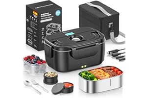 YEEFON Fiambrera Electrica 80W, 1.5L Calentador de Comida Portatil, 3 en 1 Fiambrera de Acero Inoxidable Extraíble, 12V/24V/220V para Coche Camión y Trabajo Fiambrera Térmica con Bolsa Térmica