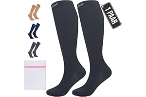 360 Relief Kompressionsstrümpfe Damen und Herren - 1 Paar Kompressionssocken Einfarbig für Sport, Laufen, Flug, Reise, Joggen, Radsport, Kniestrümpfe, XXL Schwarz mit Wäschenetz