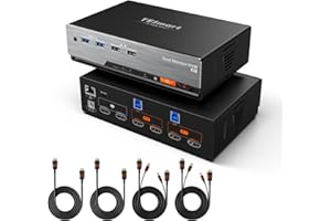 TESmart HDMI Conmutador KVM 8K@60Hz/4K@144Hz. El "Game Changer" de 2 PCs y 2 Monitores. Conmutación Instantánea, Dock USB 3.0，LAN,Audio/Mic,Simulador EDID，Teclas de Acceso Rápido del Teclado