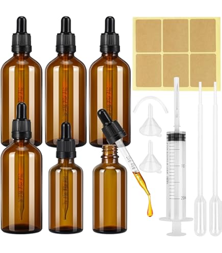 CafullCon 8 stuks pipetflessen, 100ml herbruikbare anti-UV fles met pipet, bruine glazen fles met trechter spuit katheter druppelaar stickers, apothekerfles voor etherische oliën parfumoliën