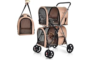 FANTASK 2 Etagen Hundewagen mit Netzfenstern & Getränkehalter, Haustiere Buggy bis 16kg, Katzenbuggy für 2 kleine Hunde Katzen, Hundebuggy& Anhänger in Beige