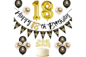 VICTERR 18th Birthday Decoration, 18 Party Decoration Black Gold Balloons Birthday, 18th Birthday Women Men 18th Happy Birthday Banner Triangle 18 Balloon Decoration for Woman Birthday Party Cake Topper