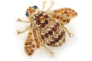 Avalaya Amber/Light Topaz Austrian Crystal 'Bee' Brooch in Gold Tone Plating - 30mm