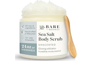Bare Botanics Unscented Body Scrub 24oz | Made in Madison, WI | All Natural Sea Salt Exfoliator w/Skin Loving Moisturizers | Vegan & Cruelty Free | Gift Ready Packaging w/a Cute Wooden Spoon