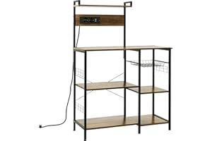 HOMCOM Scaffale da Cucina con Multipresa, Mobile Cucina per Microonde con Ripiani e Cestino a Rete Stile Industriale, 90x42x130cm, Marrone