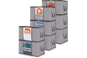 Lifewit 8 Piezas 105L Bolsas para Guardar Ropa de Gran Capacidad, Cajas Mudanza Plegable, Bolsas Almacenaje Ropa, Cajas Almacenaje, Organizador Armario Para Ropa, Mantas, Edredones, Gris Claro
