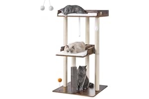 FourFurPets Albero per Gatti Alto 111 cm, Tiragraffi per Gatti,con 3 Pali Graffiatoi,2 Posatoi,Pompon,Marrone Vintage