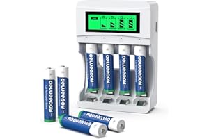 Ładowarka do akumulatorów Delyeepow, z 8 akumulatorami AAA o pojemności 1100 mAh, akumulatorami AAA NiMH 1,2 V, 4 gniazdami ładowania z wyświetlaczem LCD do akumulatorów NI-MH NI-CD AA AAA