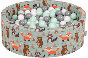 KiddyMoon Piscine À Balles pour Bébé Rond 90X30cm/200 Balles 7Cm Fosses À Boules Jouet Enfant, Renard-Vert: Blanc/Gris/Menthe