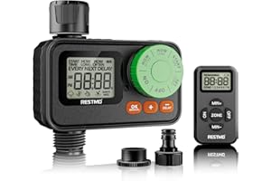 RESTMO RF Remote Controlled Water Timer, Garden Hose Timer with Automatic/Manual/Rain Delay System for Outdoor Tap, Drip Irrigation and Lawn Watering