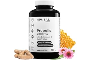 HIVITAL FOODS Propolis 2000 mg. 180 vegane Kapseln für eine 6-monatige Kur. Extrakte aus Propolis mit 10% Galangin, Echinacea mit 4% Polyphenolen und Eukalyptus. Hergestellt von HIVITAL