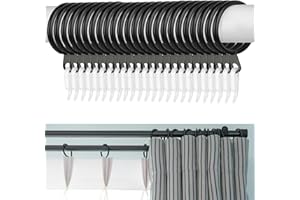 HOINY Curtain Rings, 24pcs Black Metal Rings with 24pcs Plastic Hooks, Drape Sliding Curtain Hanging Ring for Pole Rod, 30 mm Internal Diameter