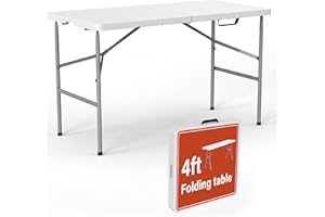 Vivo Technologies 4ft Trestle Table Indoor Outdoor Garden Catering Folding Table with Handle Plastic Picnic Garden Foldable Portable Plastic Table for Picnic Party Dinner Camping Hiking White