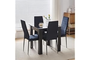 NICEME Compact Dining Table and 4 Chairs, Small Dining Room Set for 4 Seater Kitchen Table with Chairs for Small Space Saving, Glossing Tabletop 75x75 cm (Black Table, 4 Seats, Velvet Black #1)