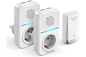 TECKNET Sonnette sans Fil Kit, 400M Sonnette de Porte sans Fil Auto-alimentée avec 2 Récepteurs, IP65 Kit de Carillon avec Tomas USB Externas y Luz LED, 60 Mélodies, 5 Niveaux de Volume